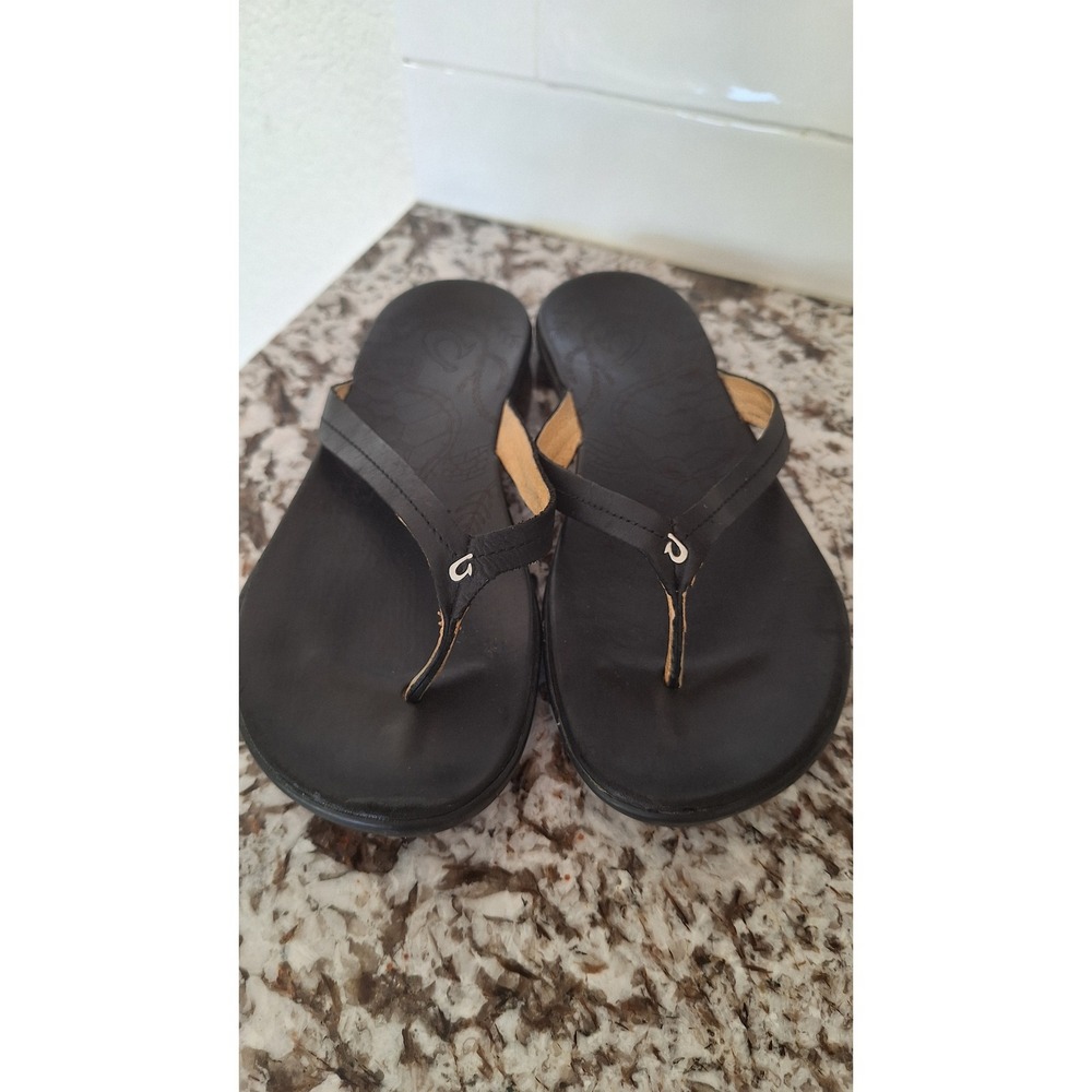 OluKai Honu Black Leather Flip Flop Sandals Womens 9 20436-4040